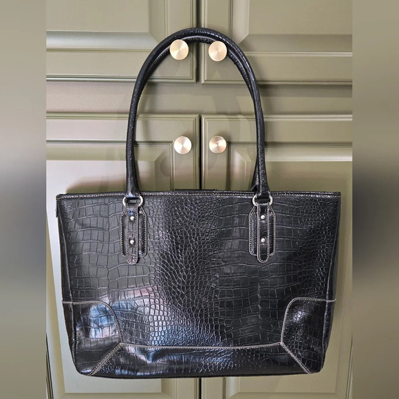 NWOT black crocodile pleather shoulder tote briefcase bag - Picture 1 of 9